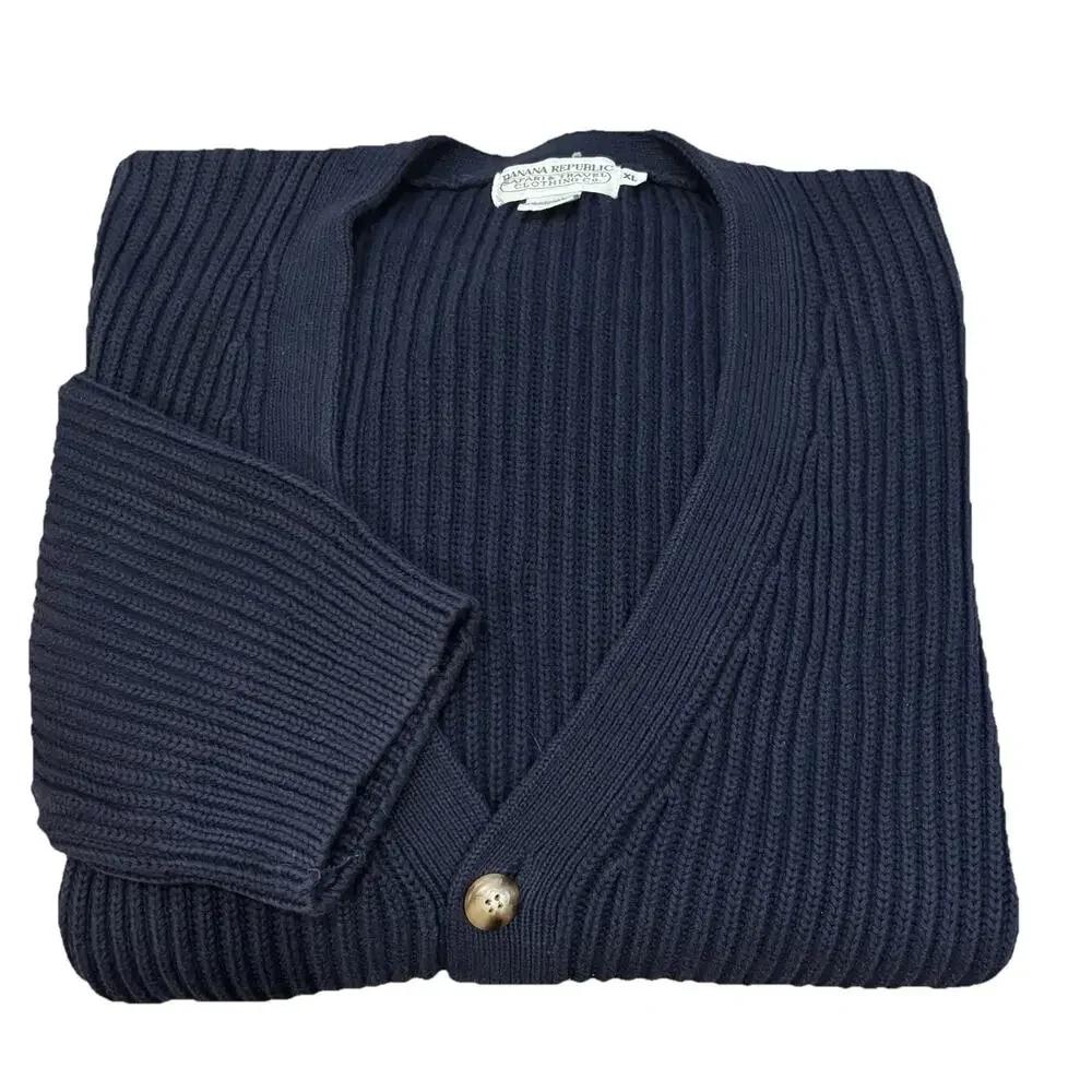 VTG 80s Banana Republic Safari & Travel Navy Cotton Cardigan Sweater Men’s XL*